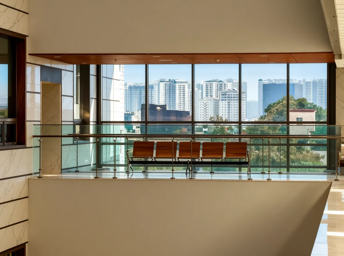 Architectural private capital office arrival area with city views through floor-to-ceiling glass.