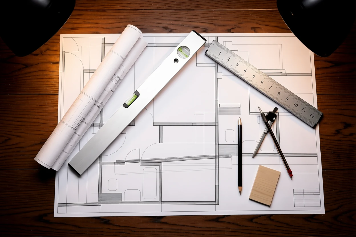 Architectural plans, measuring tools, and notes arranged on a dark wood diligence table.