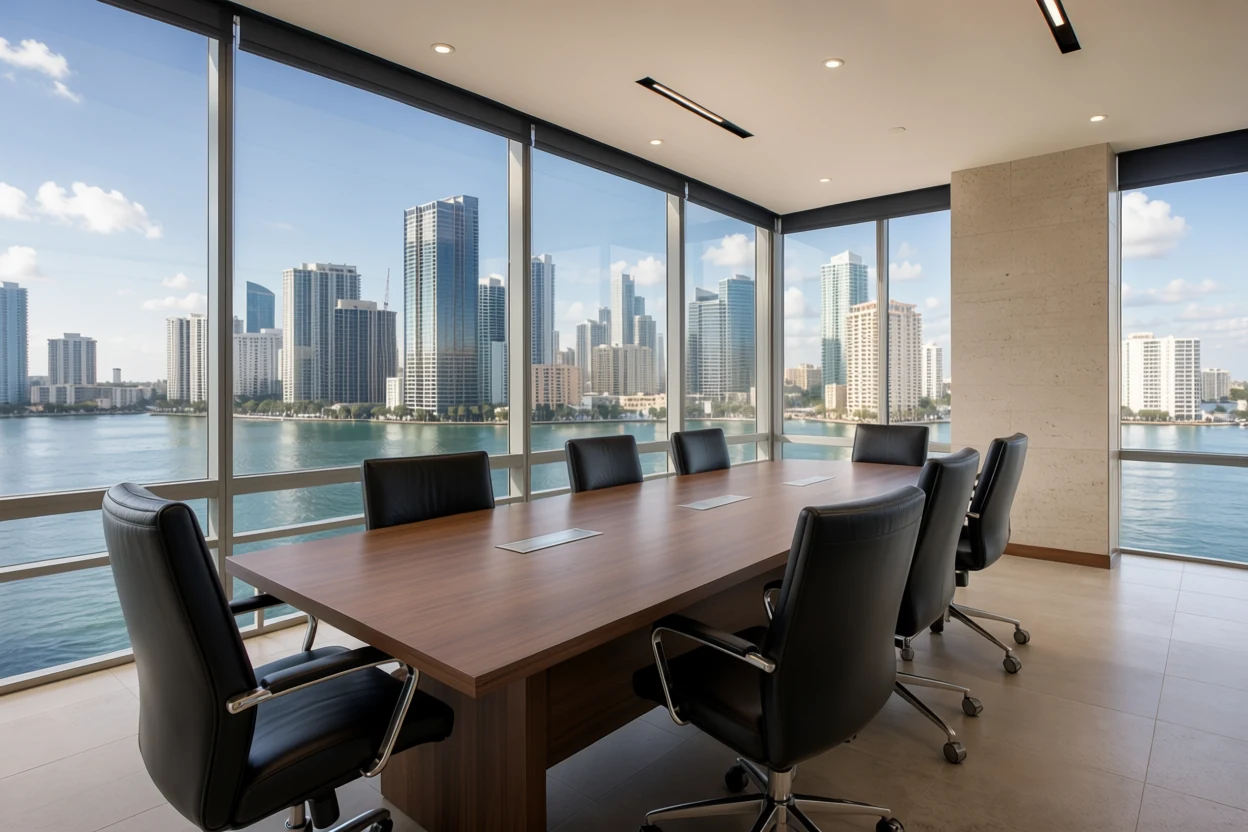 Private meeting office with a walnut conference table and Miami waterfront city views.