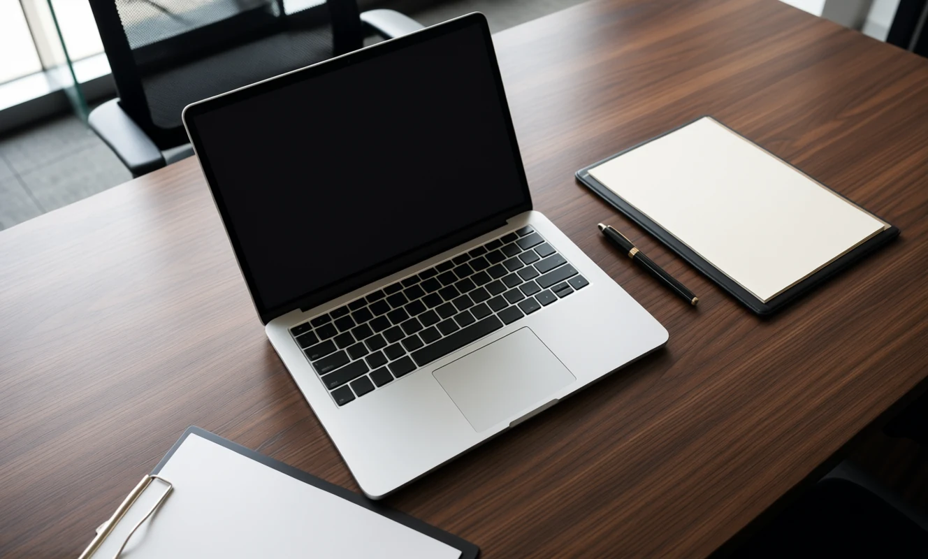 Private capital desk with a laptop, folio, pen, and blank review materials.