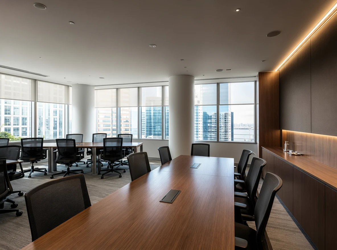 Quiet investor relations workspace with walnut tables, city views, and no visible people.