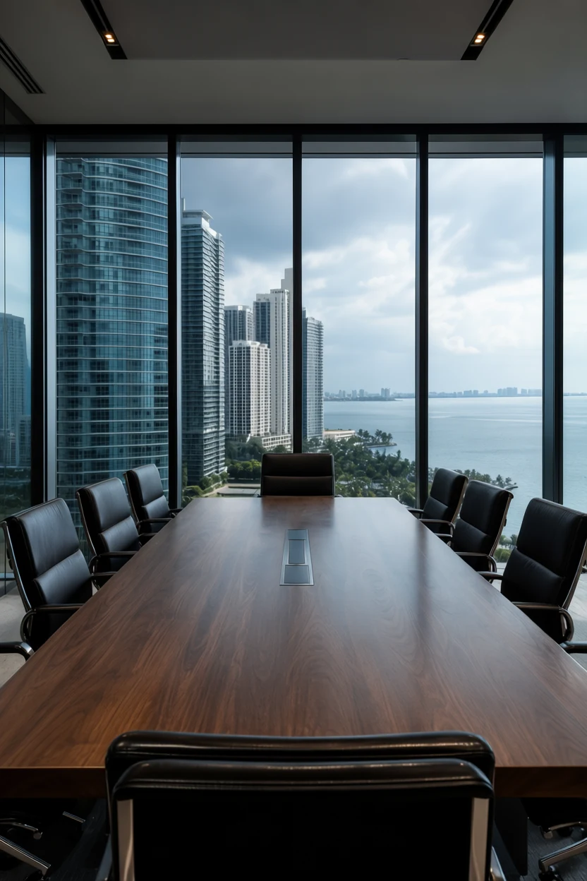 Private review suite with a conference table silhouetted against waterfront city views.