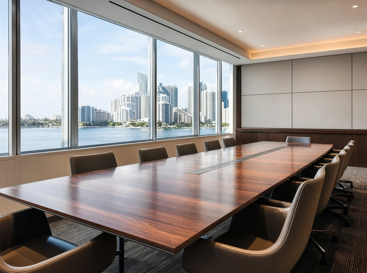 Private capital committee room with waterfront city views and a long conference table.