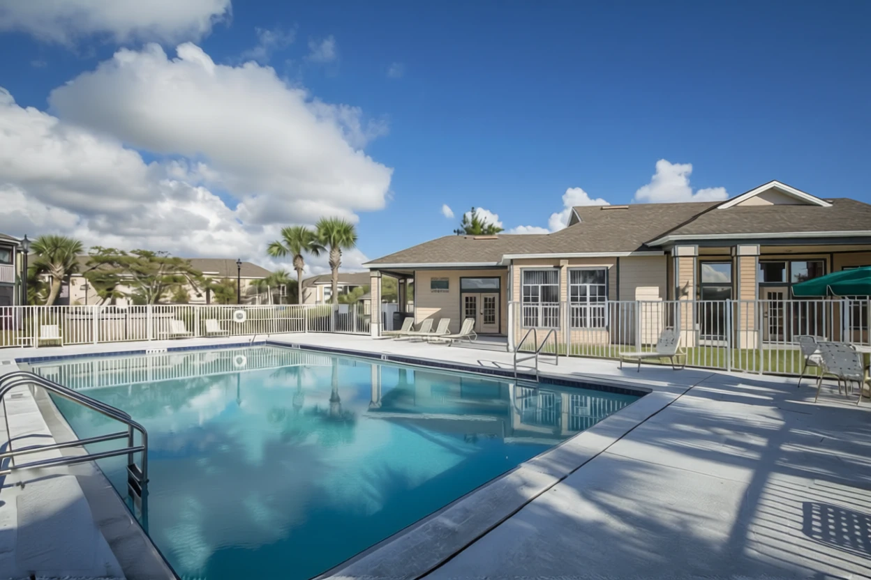 Indian River Apartments pool and clubhouse in Vero Beach, Florida.