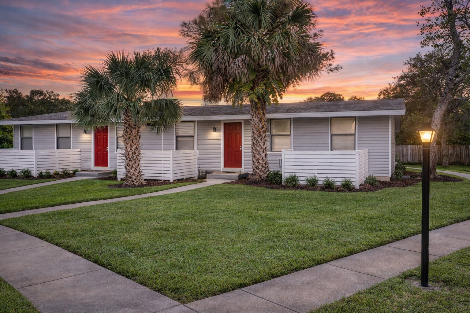 Lakewood Apartments exterior in Brandon, Florida, at dusk.